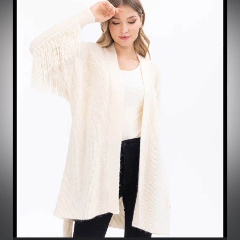 KARINA GRIMALDI
 Toronto ivory fringe long sleeve ribbed stunning tie cardigan